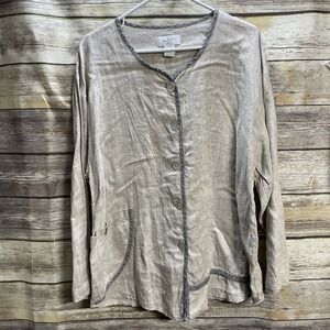 Mosaics USA Women's Medium Top  Beige Black Check Linen Button Front Coastal